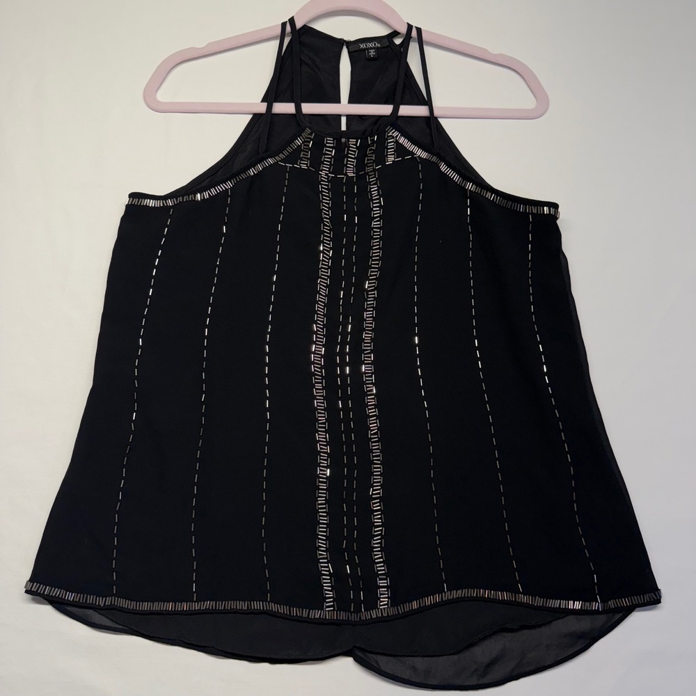 Y2K XOXO Black Beaded Cold Shoulder Halter Top Sheer Club Party Goth Large